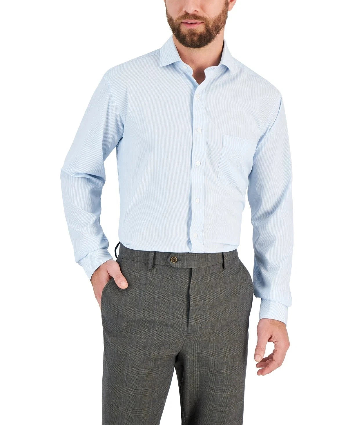 Club Room Men's Dress Shirt Regular Fit Traveler Fine Stripe Light Blue 16 34-35