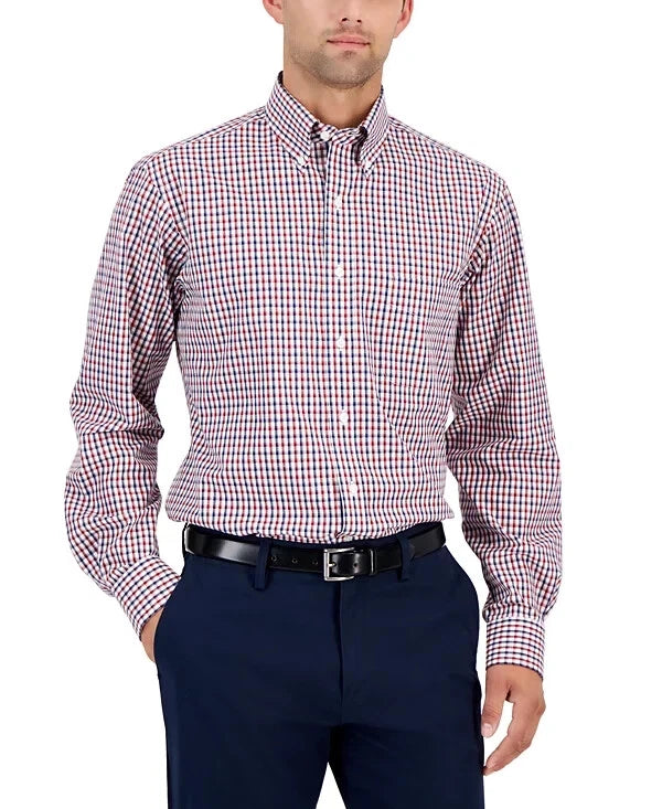 Club Room Mens Regular fit Dress Shirt Large 16.5 in 32-33 Red Plaid