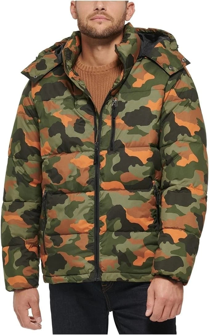 $150 Club Room Men's Stretch Hooded Puffer Jacket, Camouflage, M