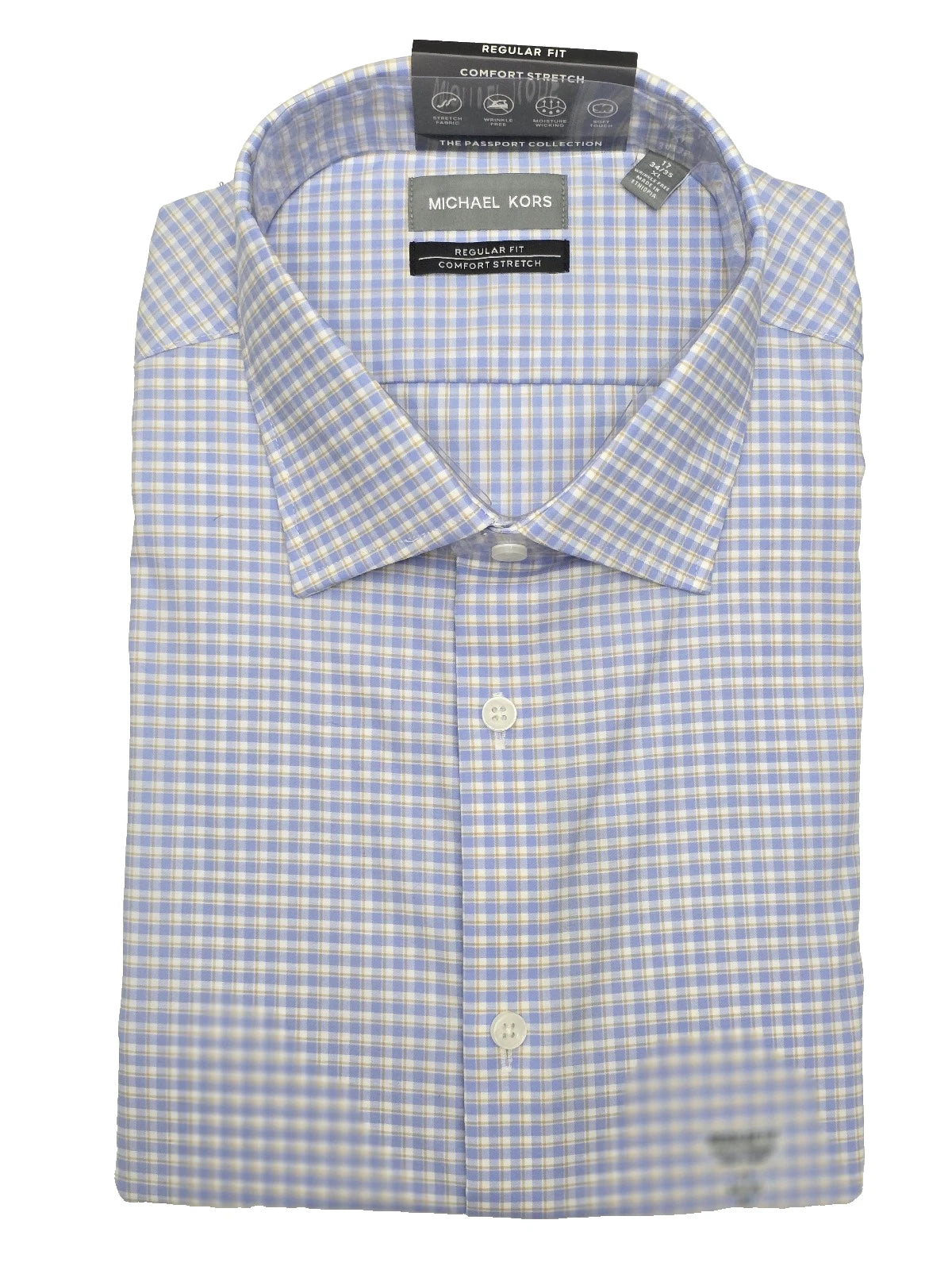 Michael Kors Men's Dress Shirt Regular Fit Stretch Plaid Blue/Tan 2XL 18 34-35