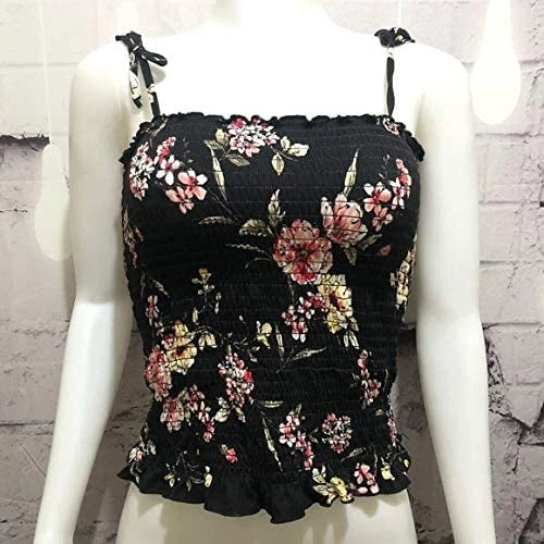 Polly & Esther Women's Juniors Smocked Floral Print Crop Top Black S