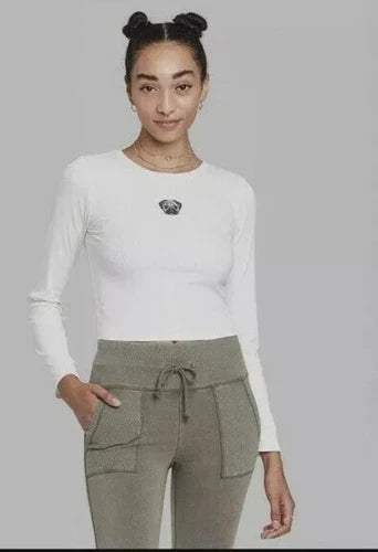 Women's Long Sleeve Fitted Rib-Knit Crop Top Cream Pug Embroidery Size 2XL