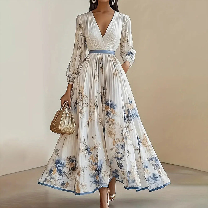 Women's Floral Print V-Neck Long Sleeve Maxi Dress A-Line Flowy Ruffled For Spring & Summer Vacation & Evening Party