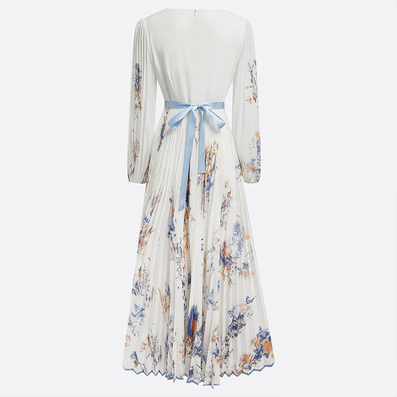 Women's Floral Print V-Neck Long Sleeve Maxi Dress A-Line Flowy Ruffled For Spring & Summer Vacation & Evening Party