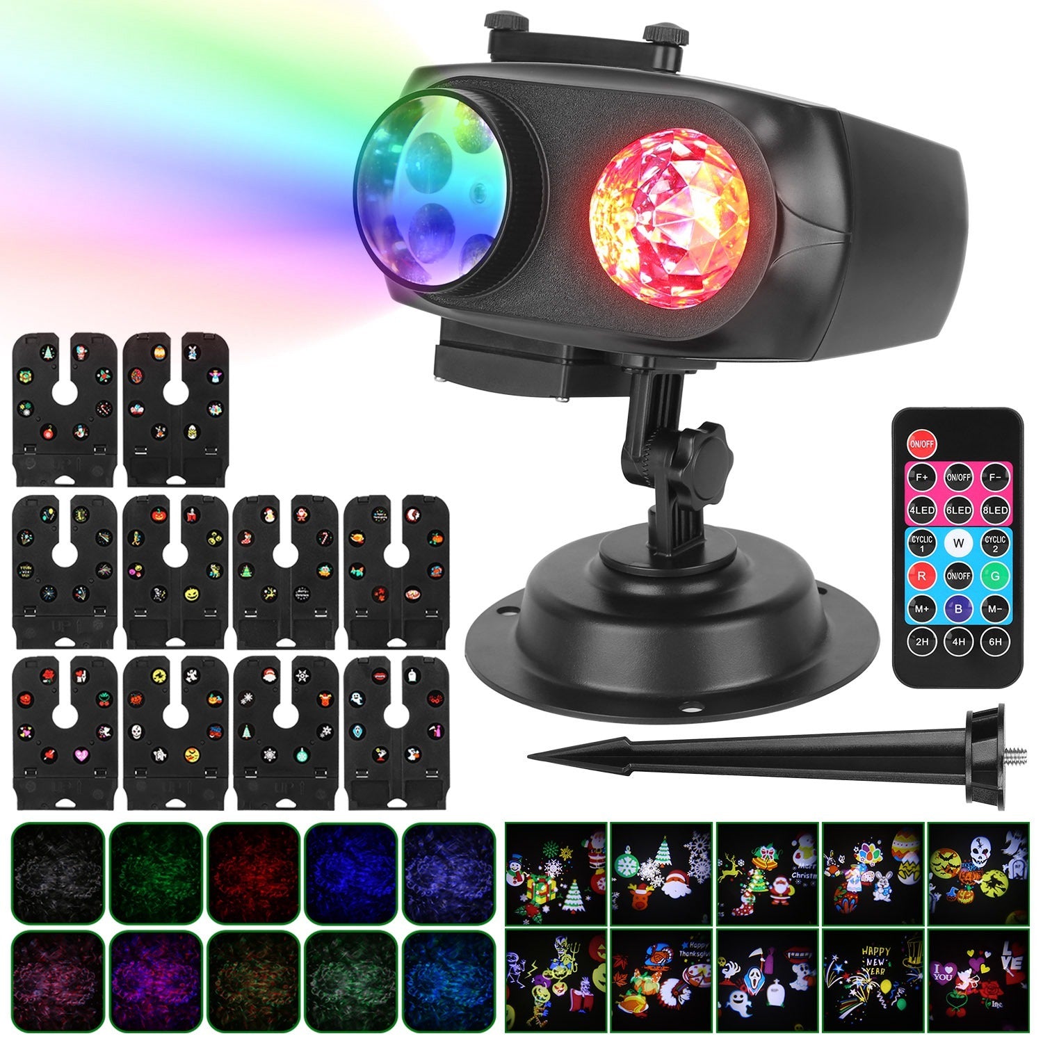 2 In 1 Holiday Projector Light Projection Lamp Indoor Outdoor With 10-Color Ocean Wave 10 HD Slides 3 Bases Remote Control For New Year Valentine's Day Christmas Halloween Thanksgiving Easter