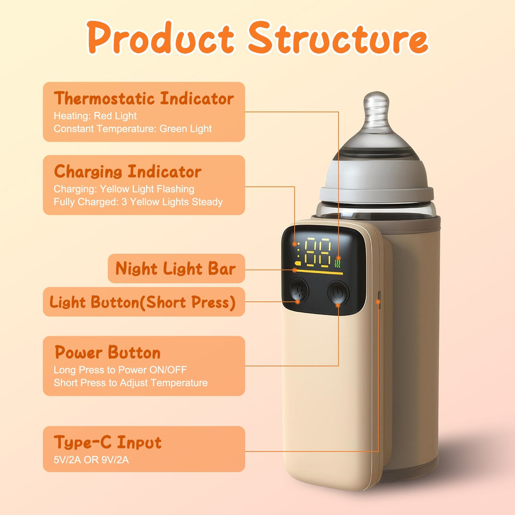 1Pc Portable Bottle Warmer With Night Light On The Go Baby Milk Warmer Milk Formula Warmer For Home Travel With 6 Heating Levels