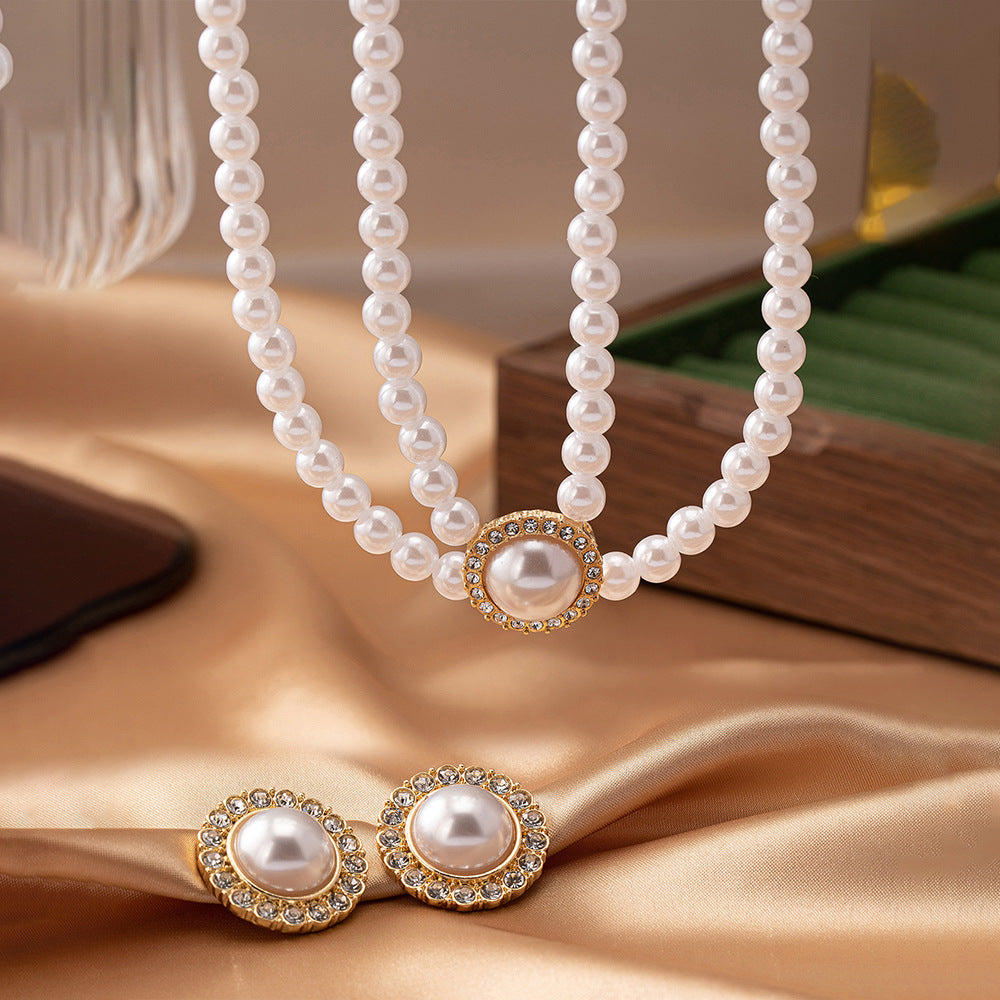 Elegant Pearl Necklace & Earrings Set – Classic Fashion Jewelry Gift for Women