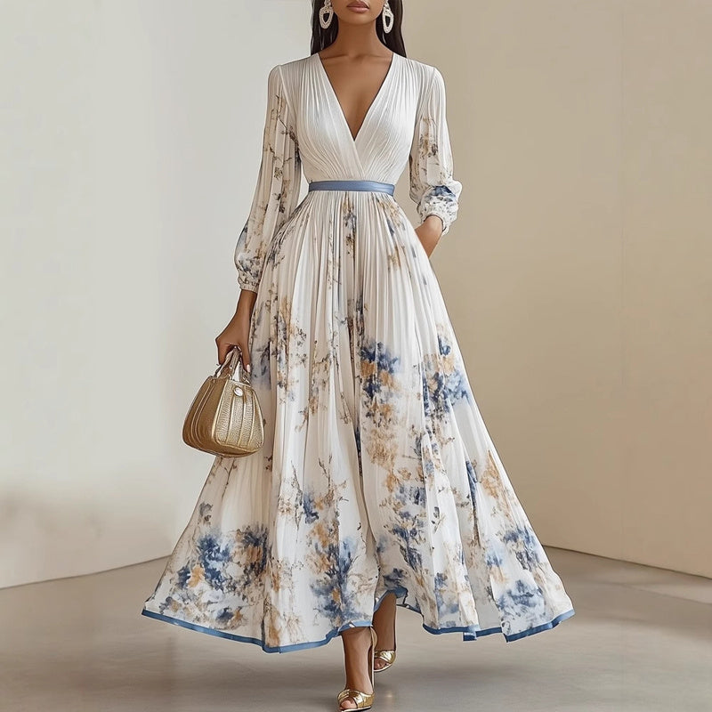 Women's Floral Print V-Neck Long Sleeve Maxi Dress A-Line Flowy Ruffled For Spring & Summer Vacation & Evening Party