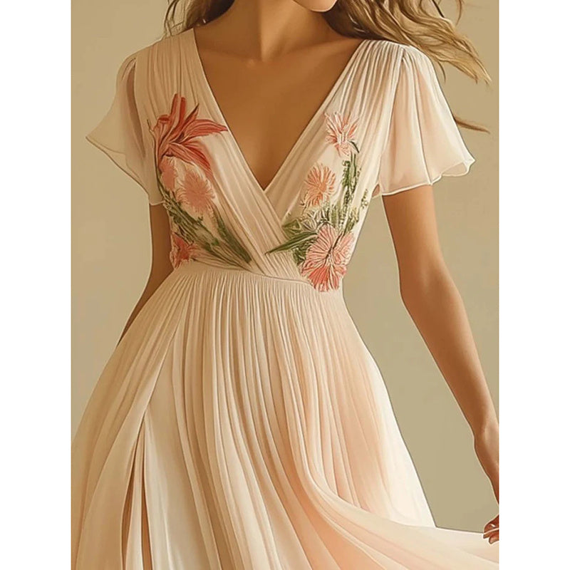 Women's Floral Print V Neck Pleated Chiffon Dress Flutter Short Sleeve Maxi Flowy Beach Wedding Guest Dresses