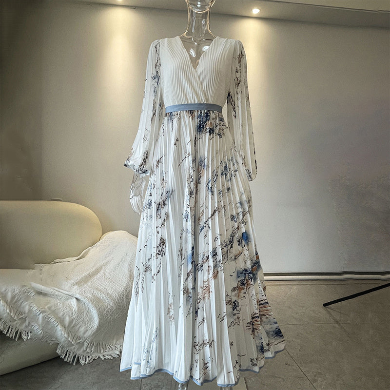 Women's Floral Print V-Neck Long Sleeve Maxi Dress A-Line Flowy Ruffled For Spring & Summer Vacation & Evening Party