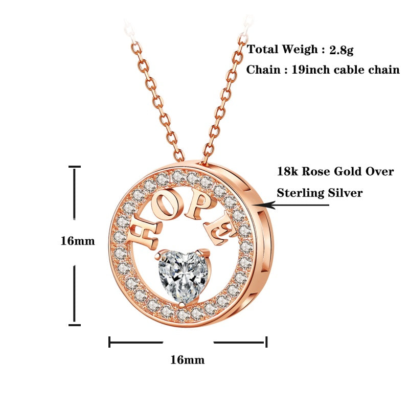 Women Hope Pendant Necklace 18K Rose Gold Plated 5A CZ Sterling Silver Gift
