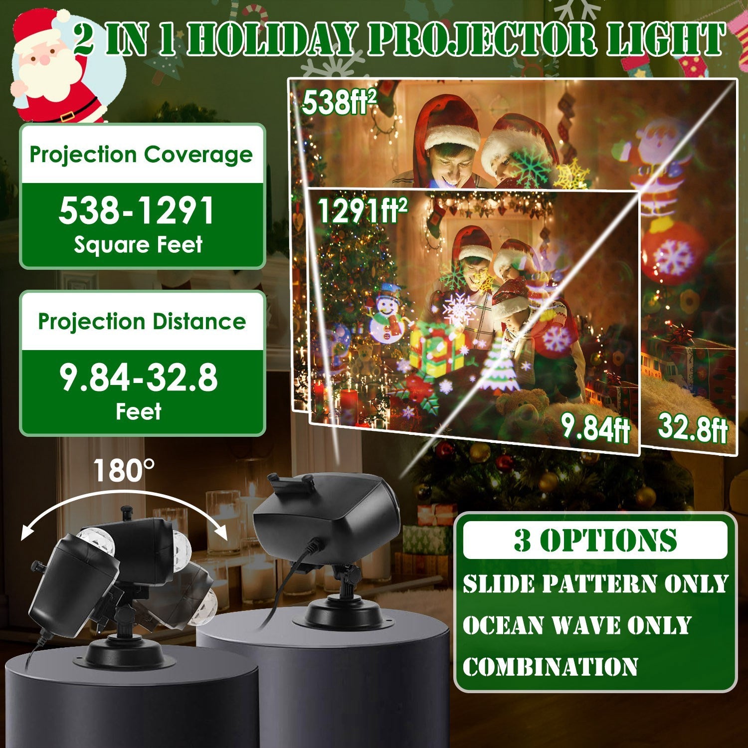 2 In 1 Holiday Projector Light Projection Lamp Indoor Outdoor With 10-Color Ocean Wave 10 HD Slides 3 Bases Remote Control For New Year Valentine's Day Christmas Halloween Thanksgiving Easter