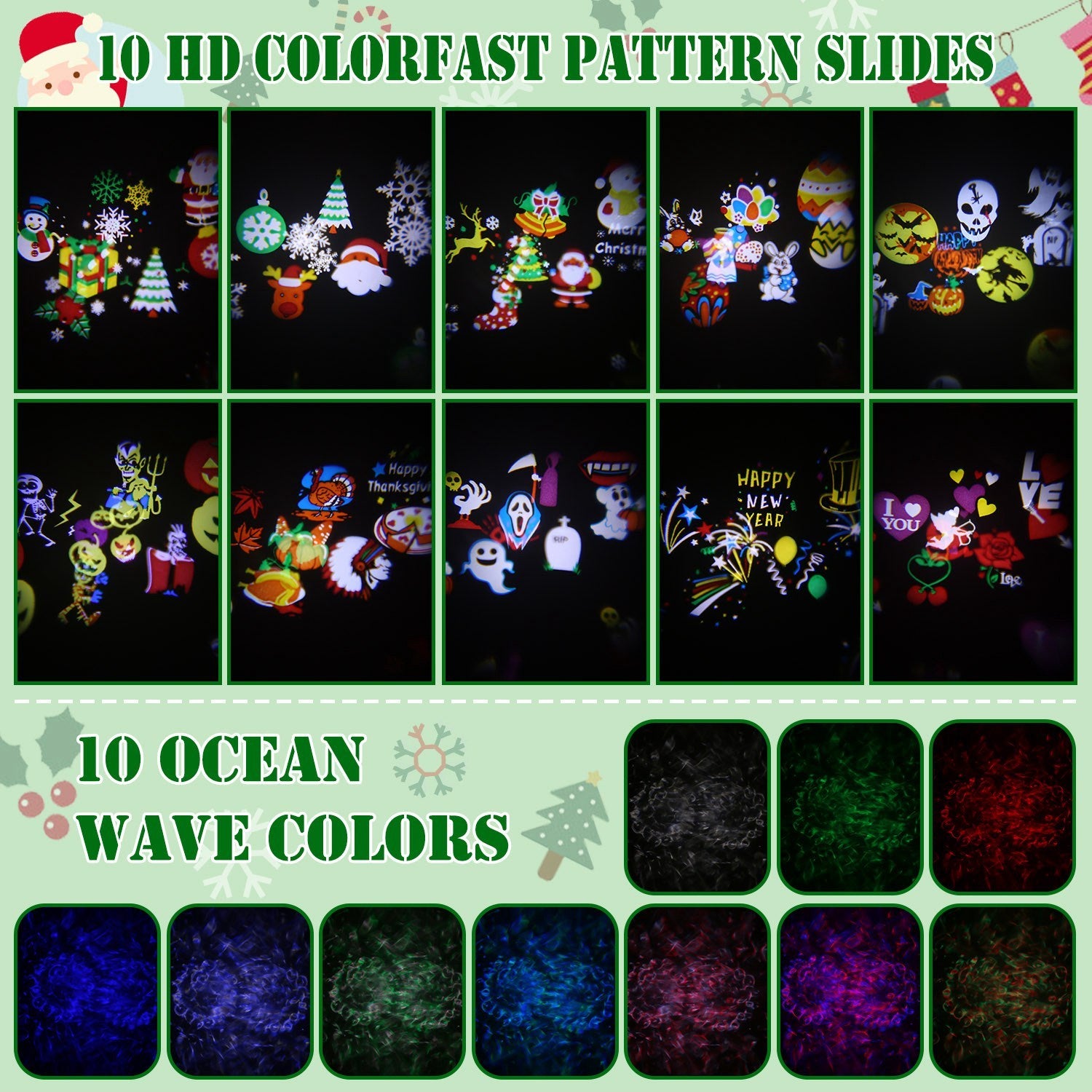 2 In 1 Holiday Projector Light Projection Lamp Indoor Outdoor With 10-Color Ocean Wave 10 HD Slides 3 Bases Remote Control For New Year Valentine's Day Christmas Halloween Thanksgiving Easter