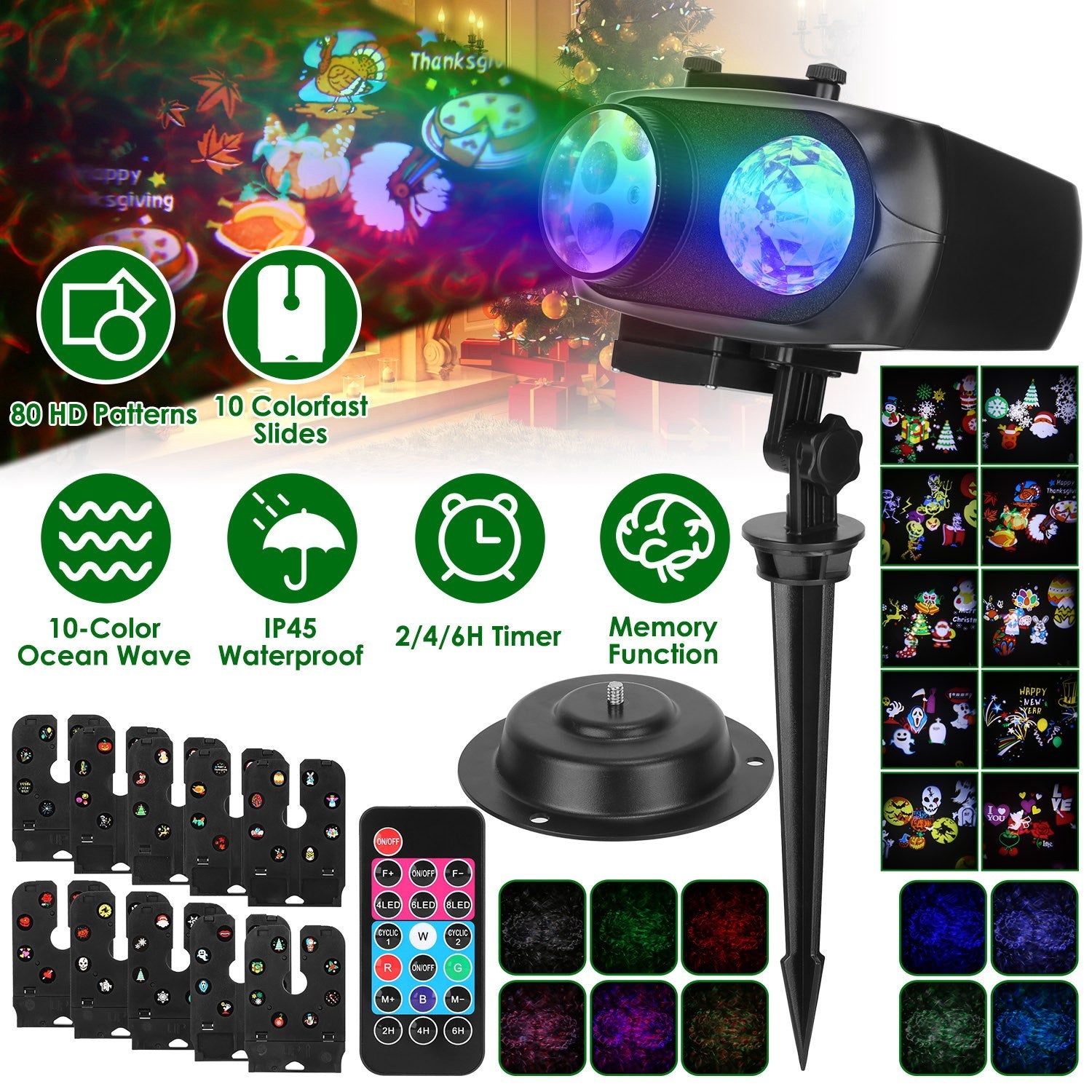 2 In 1 Holiday Projector Light Projection Lamp Indoor Outdoor With 10-Color Ocean Wave 10 HD Slides 3 Bases Remote Control For New Year Valentine's Day Christmas Halloween Thanksgiving Easter
