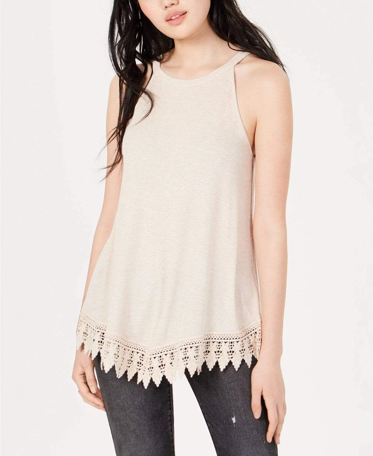 HIPPIE ROSE - Juniors' Rib Knit Crochet Tunic Tank Top Beige XS