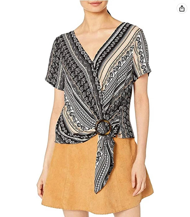 A. Byer Women's Juniors Short Sleeve Tie Front Faux Wrap Top, Black Stripe, M