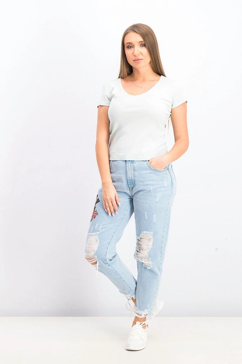 Ultra Flirt Womens Juniors' Cotton V-Neck Baby T-Shirt (Large, Pale Blue) Ultra