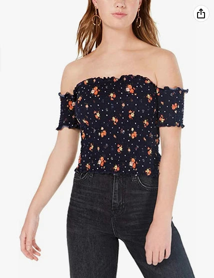 Crave Frame Women's Smocked Floral Print Top- Navy- XS