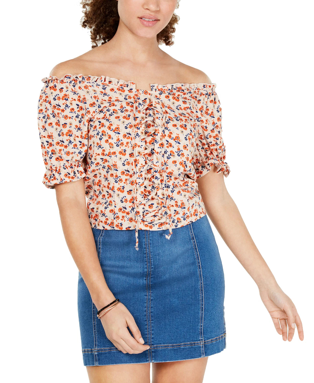 Crave Fame Womens Juniors' Printed Lace-Up Corset Top (Large, Taupe Red)
