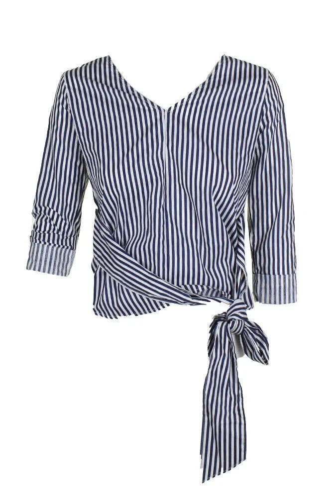 Crave Fame Juniors Navy White 3/4-sleeve Striped Tie-front Blouse M