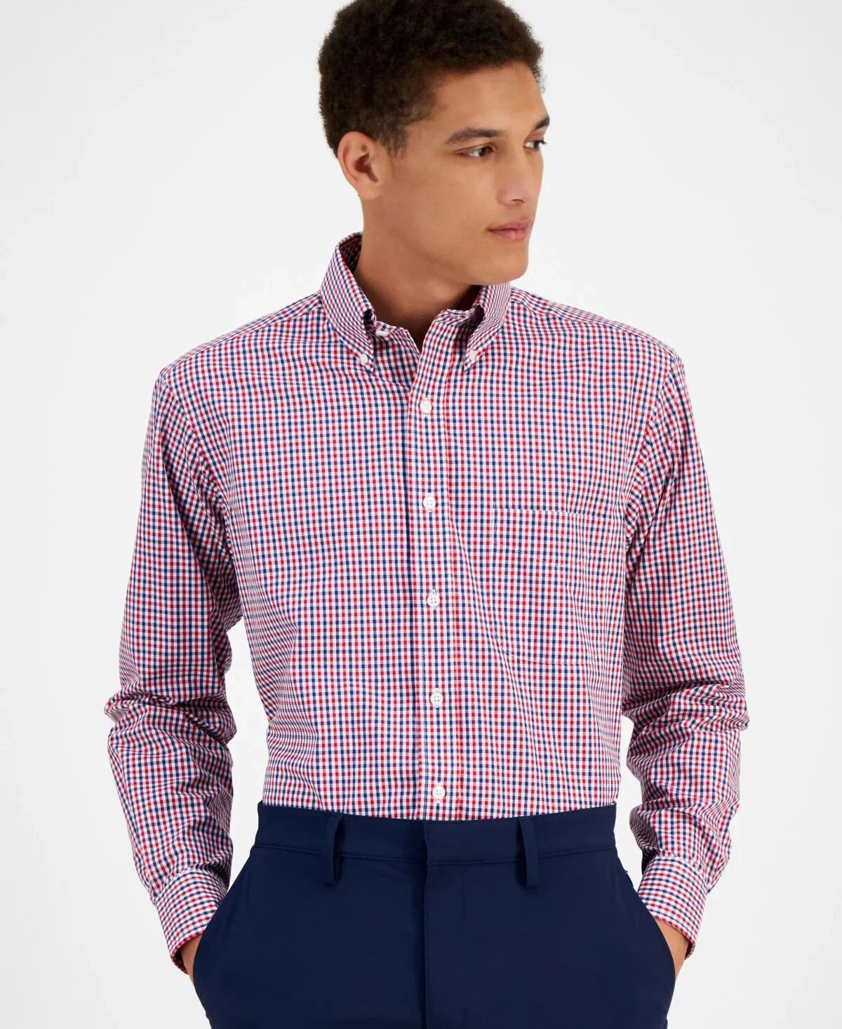 Club Room Men Regular fit Dress Shirt, Red Blue Check, Size 17.5 in 32-33