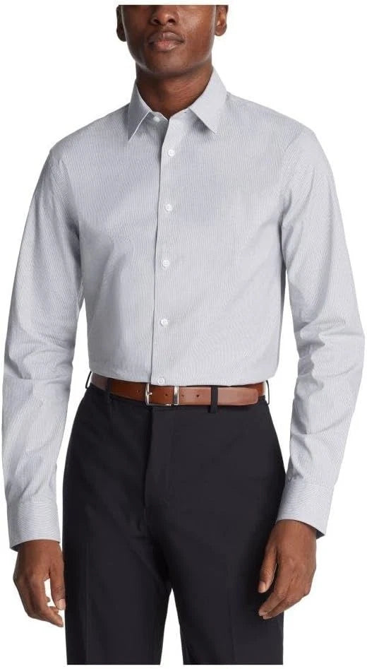 Calvin Klein Men Dress Shirt Non Iron Stretch Slim Fit Striped Navy M 15.5 32/33