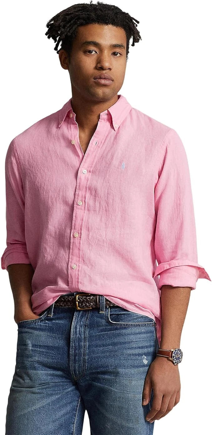 $138 POLO RALPH LAUREN Mens Classic Fit Long Sleeve Linen Shirt Florida Pink XL