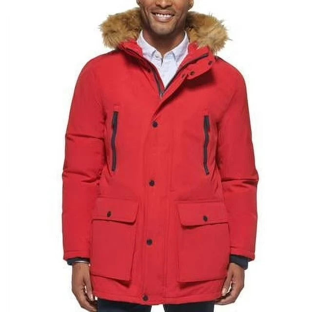 $250 Club Room Men's Classic fit Parka Coat XL Red Solid Fur Trim XL