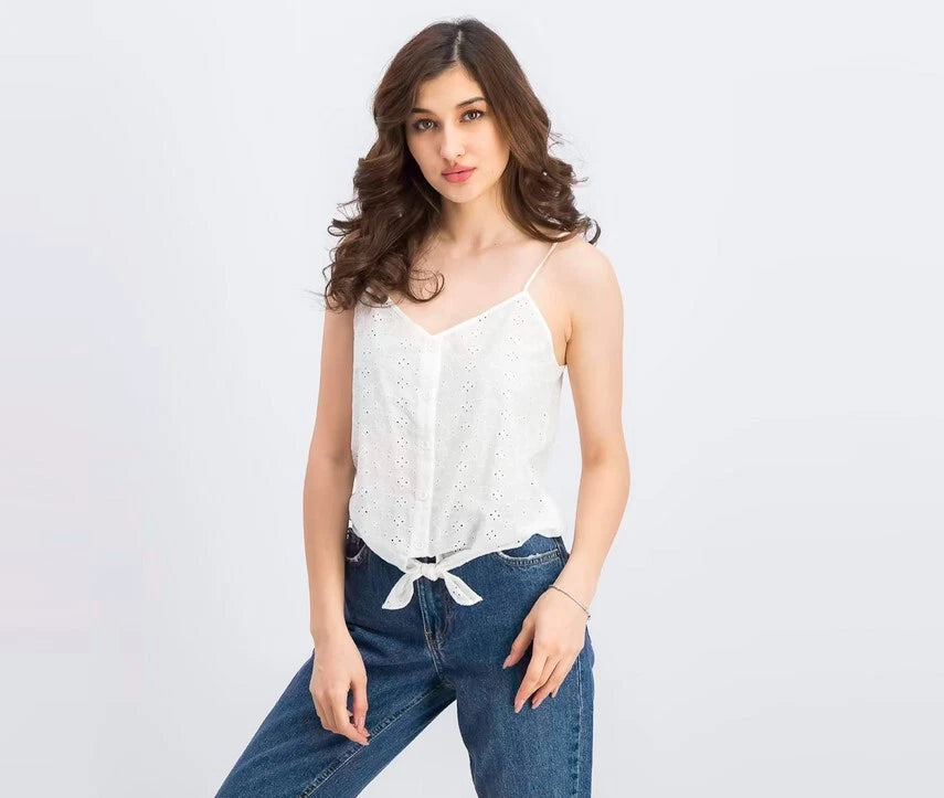 Hippie Rose Juniors' Button Tie-Front Tank Top - White Eyelet - Size Medium
