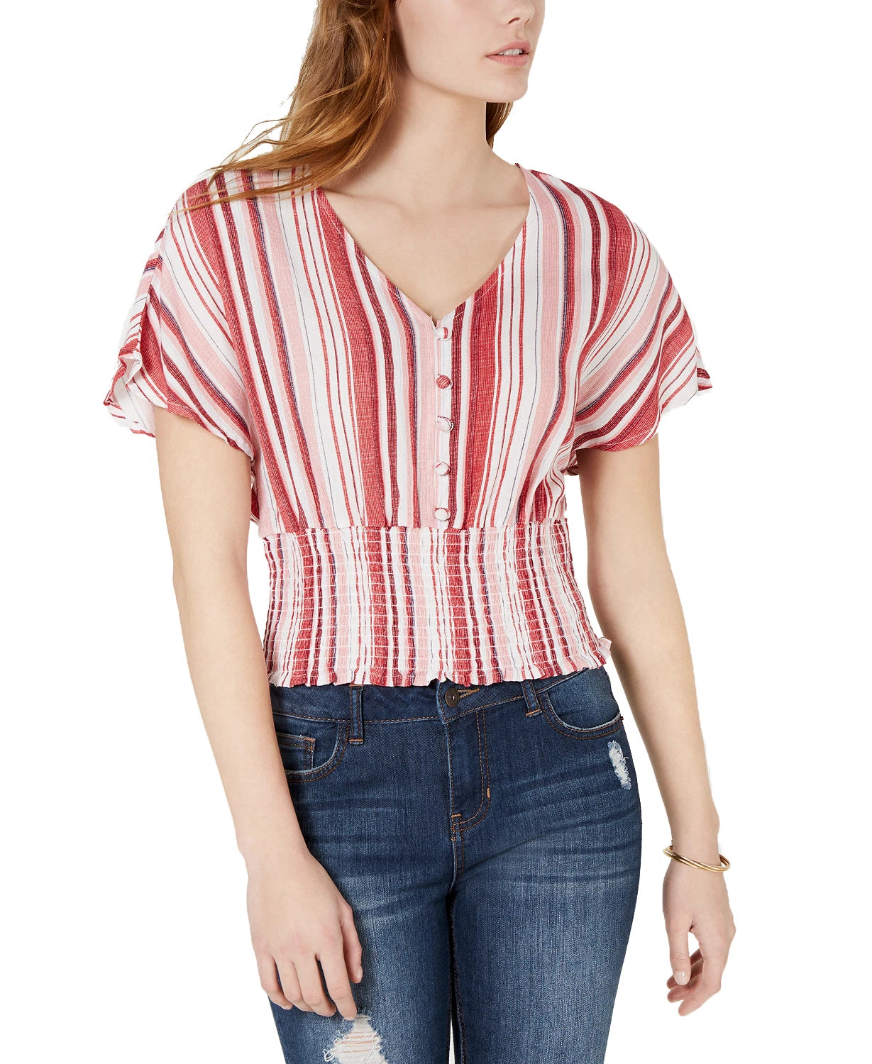 Crave Fame Women's Juniors' Batwing-Sleeve Crop Top (Large, Red Multi)