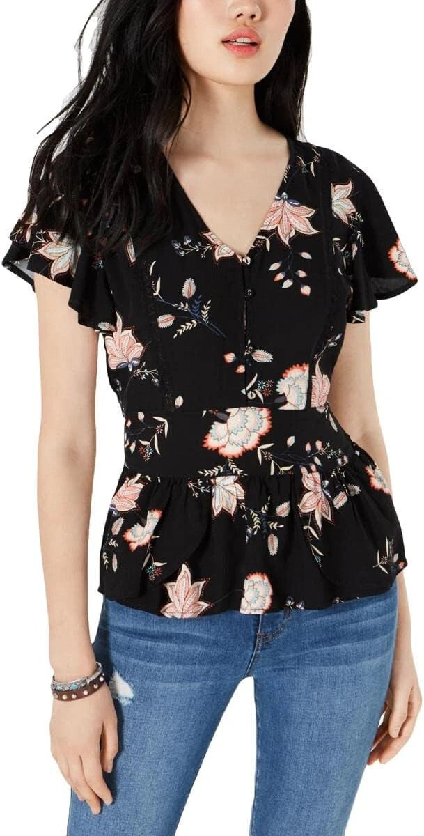 $59.50 American Rag Juniors' Crochet-Trim Peplum Top- Classic Black Combo-Medium