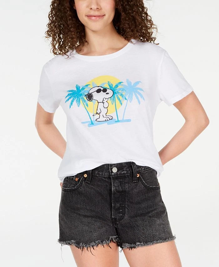 Love Tribe Women's Juniors' Snoopy Joe Cool Graphic T-Shirt, White Combo L