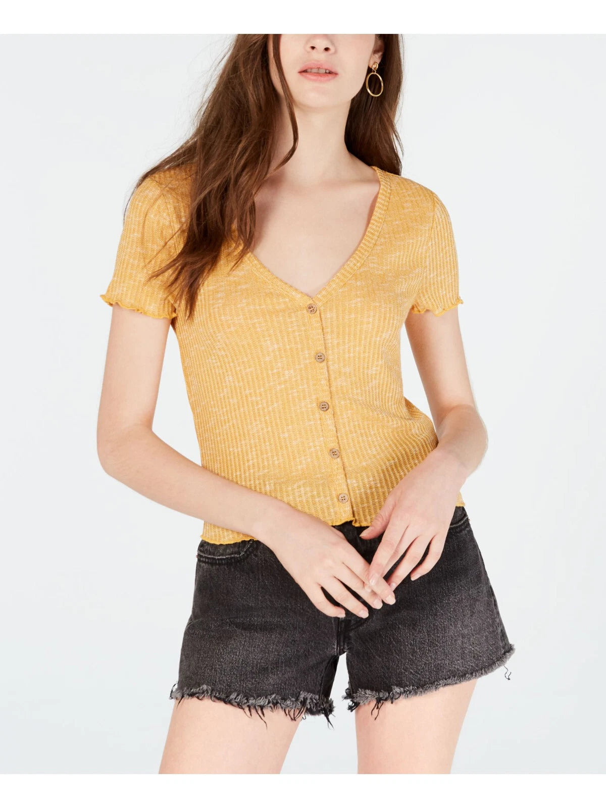 CRAVE FAME Womens Mustard Short Sleeve V Neck Crop Top Size: XLarge