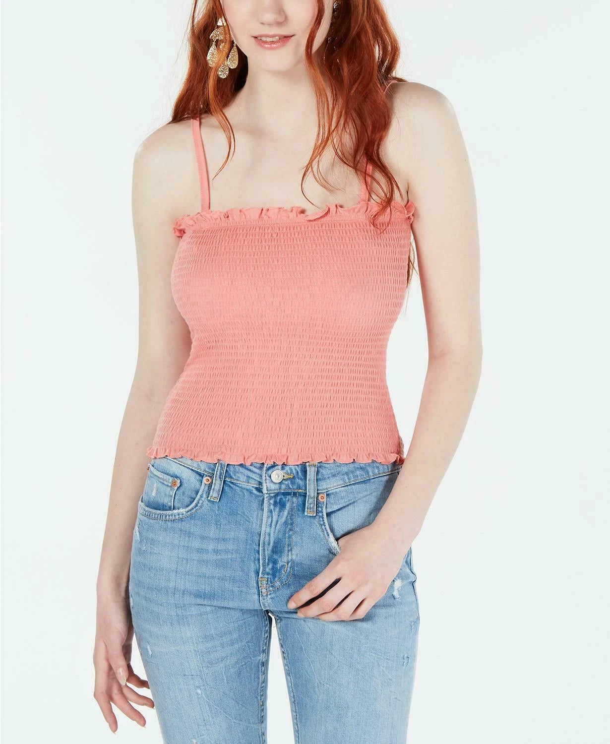 Crave Juniors' Ruffled Smocked Removable/Adjustable Straps Top- Coral, X-Large