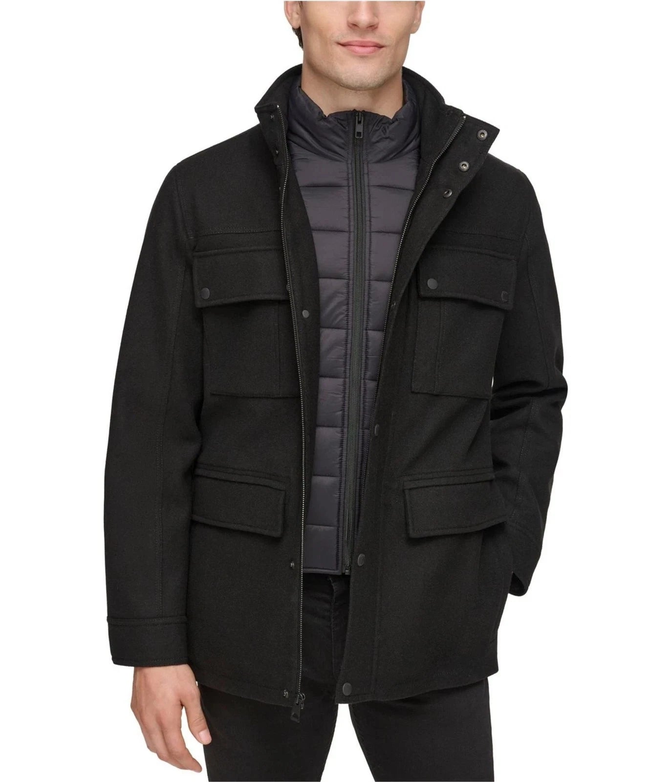 $295 GUESS Mens Quilted Puffer Bib Coat, Black, XX-Large