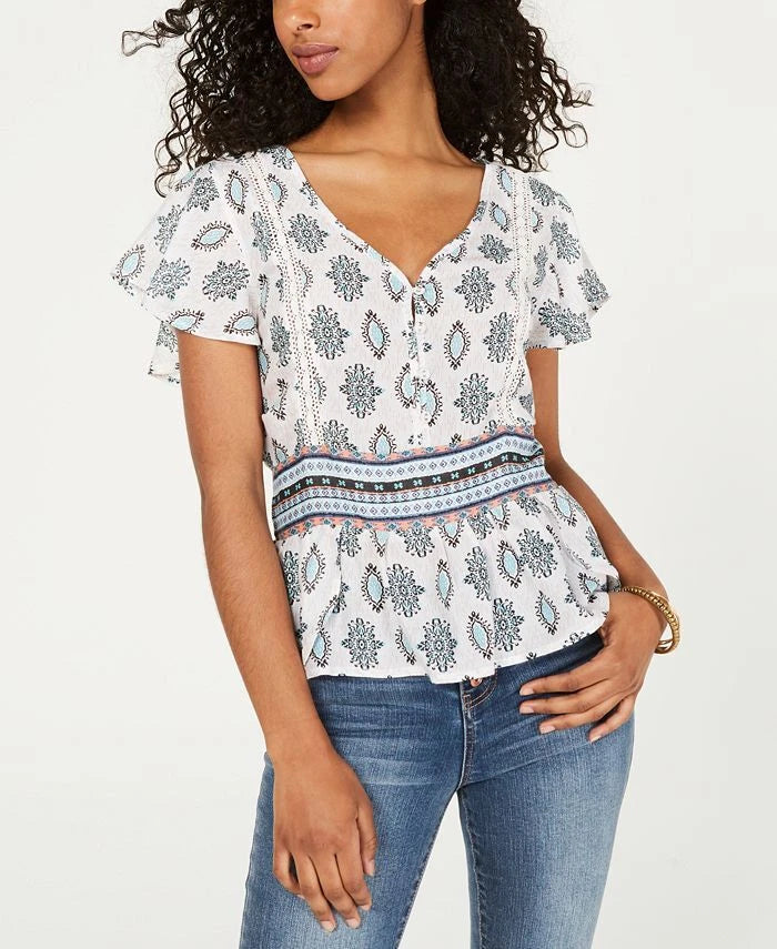 $59.50 American Rag Juniors' Crochet-Trim Peplum Top Egret Combo Size XSmall
