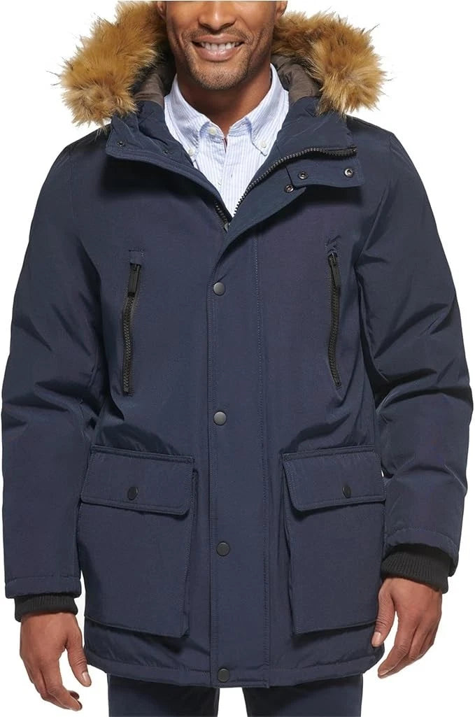 $250 Club Room Men's Removable Faux Fur Hood Parka Jacket, Navy,   M
