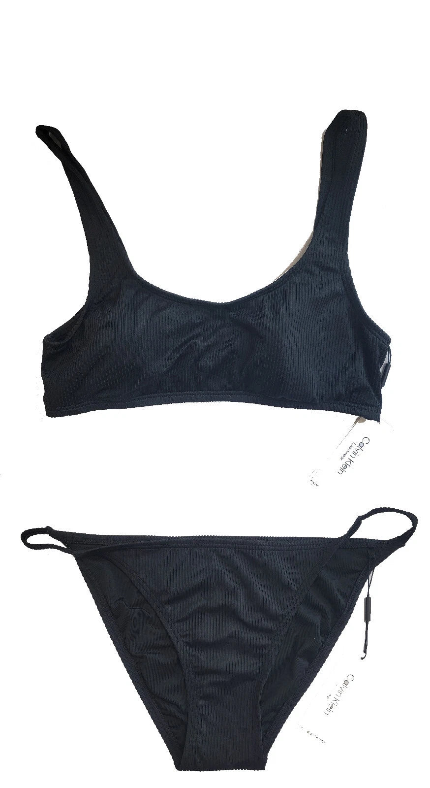 $116 Calvin Klein Swimwear Women UPF50+ Ribbed Bikini Top & Bottom Set, Black XL