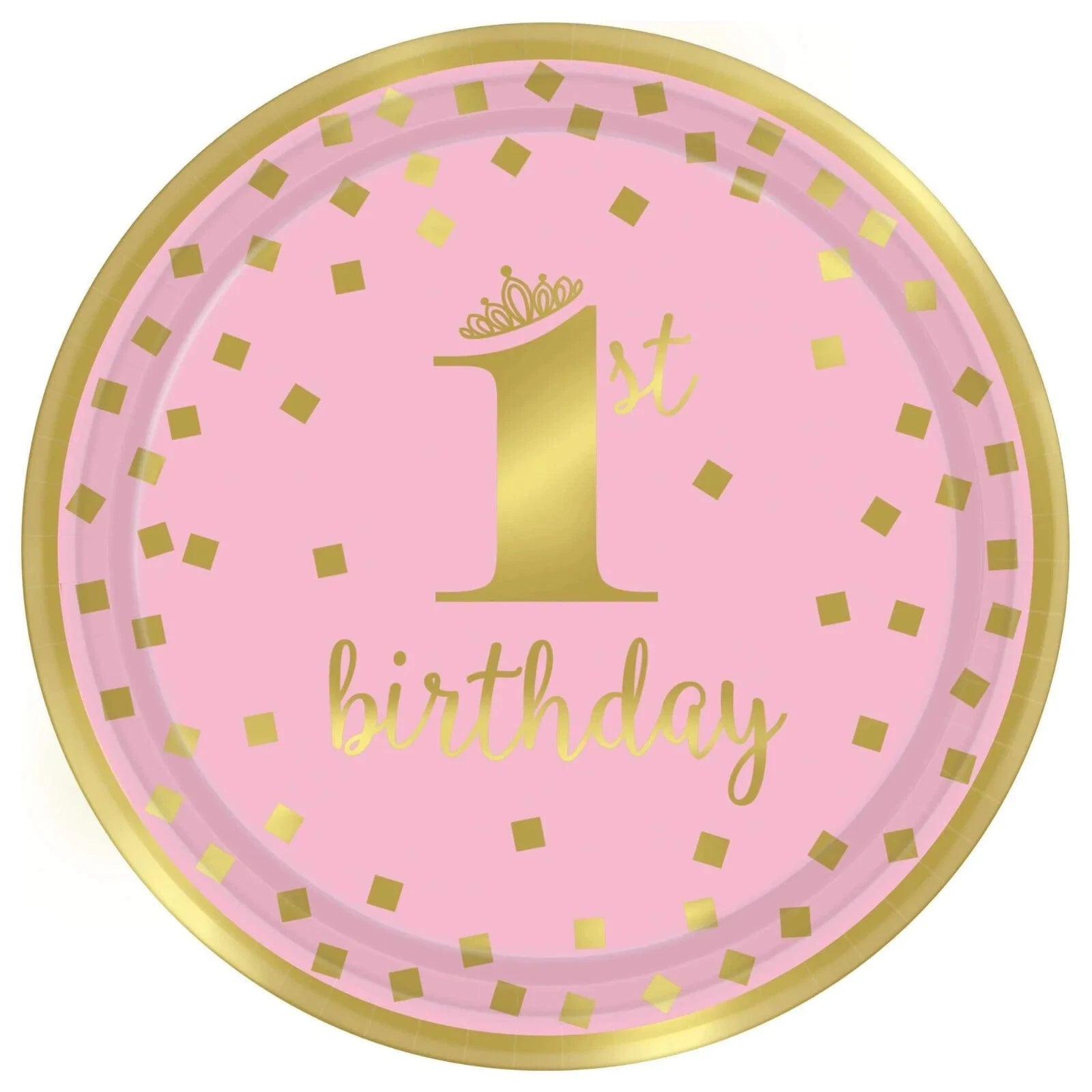 Amscan 1st Birthday Girl Round Metallic Paper Plates-9", Pack of 8