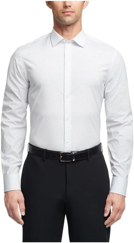 Calvin Klein Men Dress Shirt Slim Fit Refined Cotton Stretch Wht/Nvy 16.5 36/37