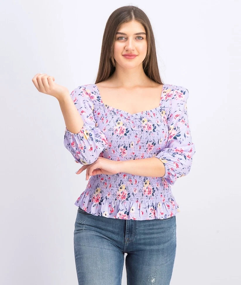 CRAVE FAME Juniors' Printed Smocked 3/4-Sleeve Top - Lilac Medium