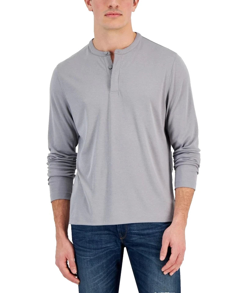 Alfani Men Regular fit Long Sleeve Henley T-Shirt, Grey Solid, Large size