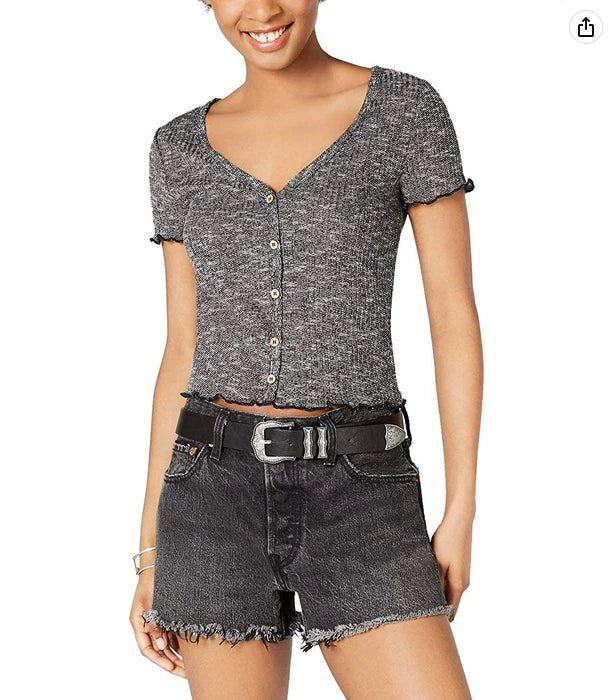 CRAVE FAME Womens Black Cap Sleeve Henley Crop Top Juniors S
