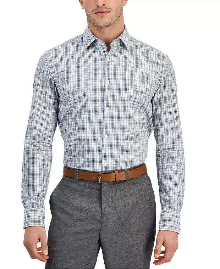 Hugo Boss Men's 100% Cotton Kenno Slim-Fit Dress Shirt Check Green, XL 17/43
