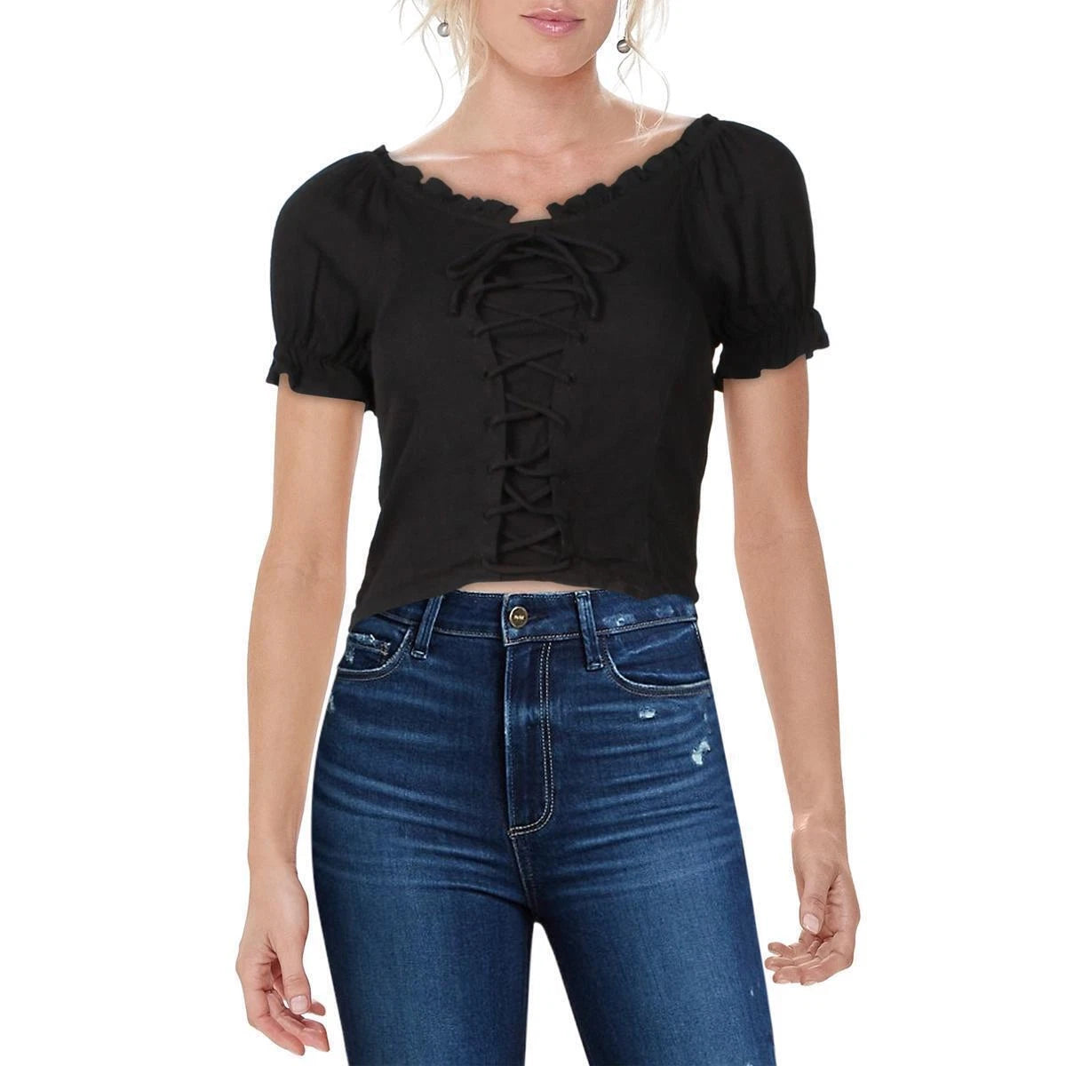 Crave Fame Womens Black Lace-Up Smocked Corset Top Shirt Juniors XS