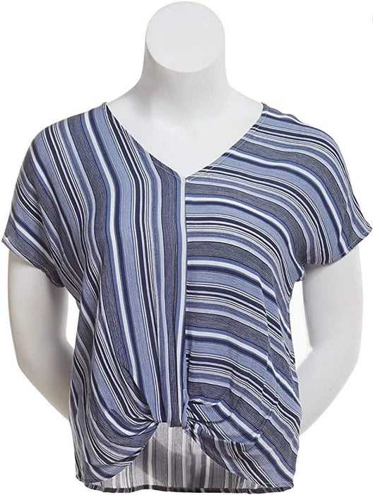 BCX Striped Twist Front V-Neck Top Blue Size Large