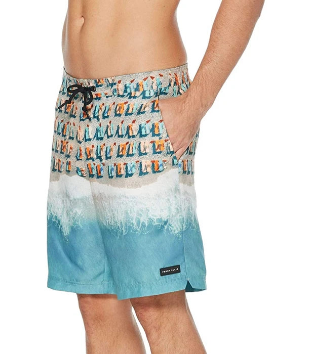 $65 Perry Ellis Mens Large Beach Scene Printed Swim Shorts Trunks Blue L
