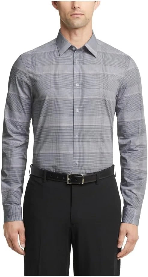 $85 Calvin Klein Men Steel Slim Fit Stretch Gray Check Dress Shirt L 16.5 34/35