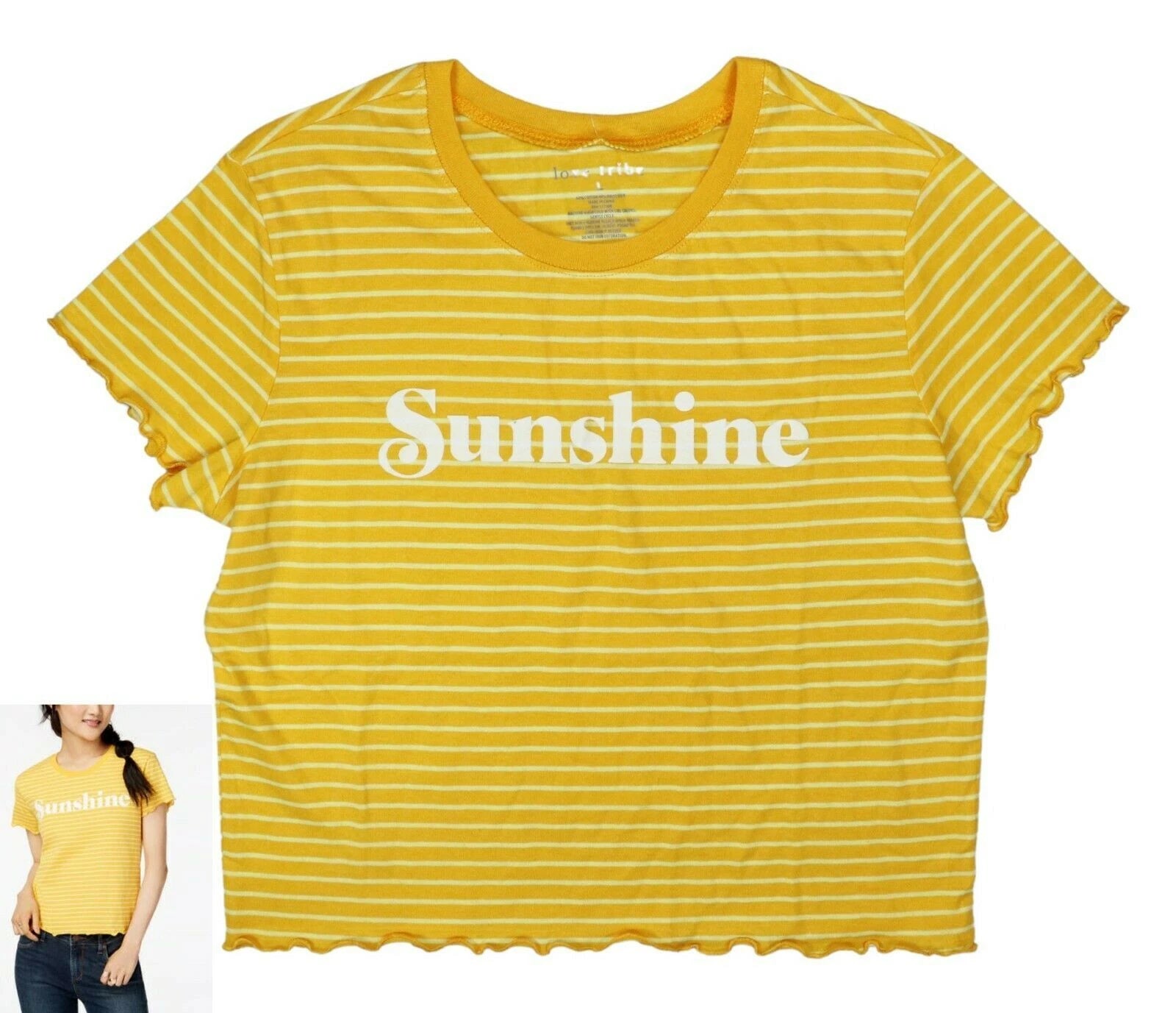 Love Tribe Sunshine Print Striped Ruffled Hem Crew Neck T-Shirt Yellow