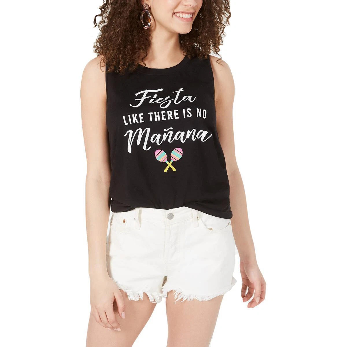 Love Tribe Womens Juniors' Fiesta Graphic Tank Top (Medium, Black)